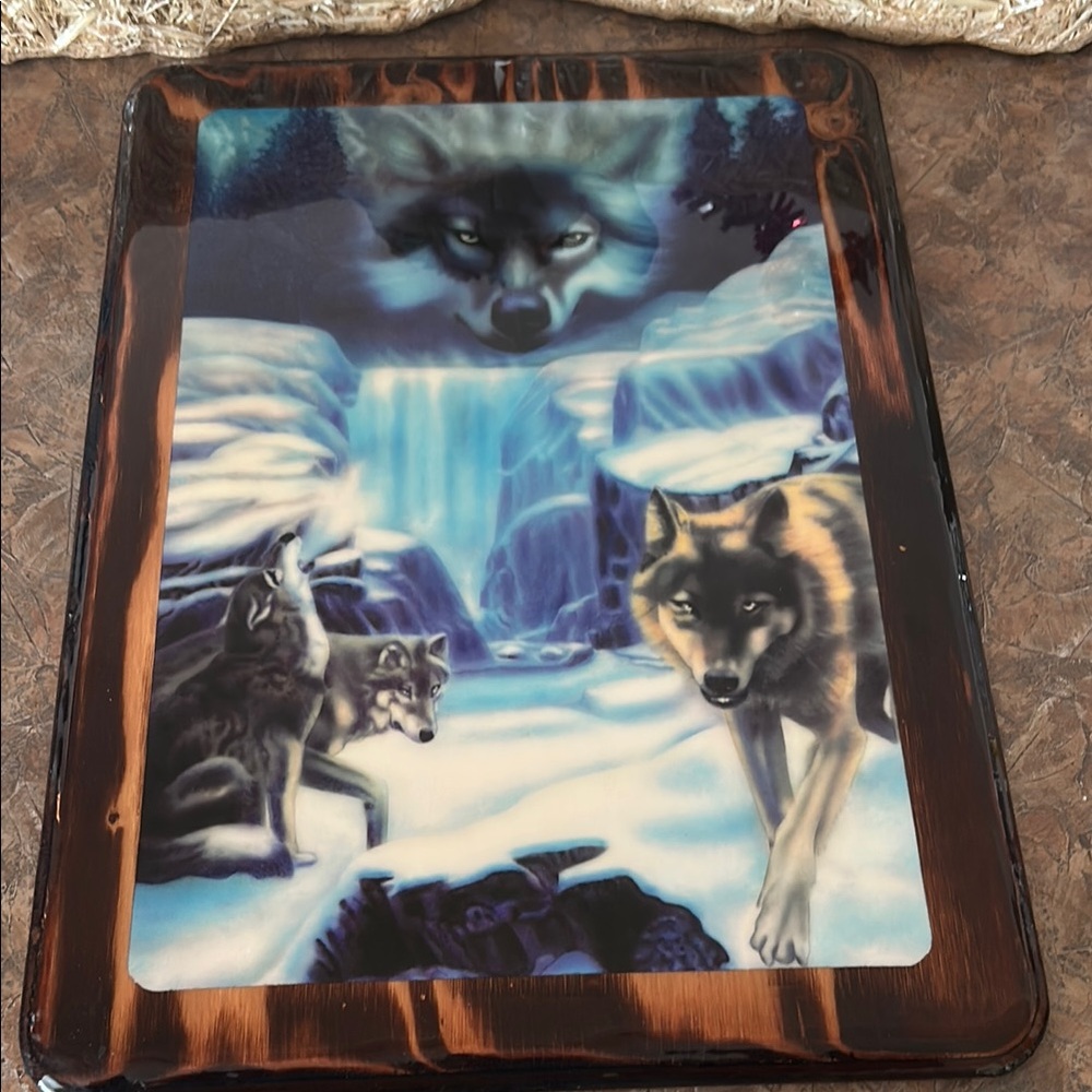 Wolf Art Plaque with Blue and Brown Accents